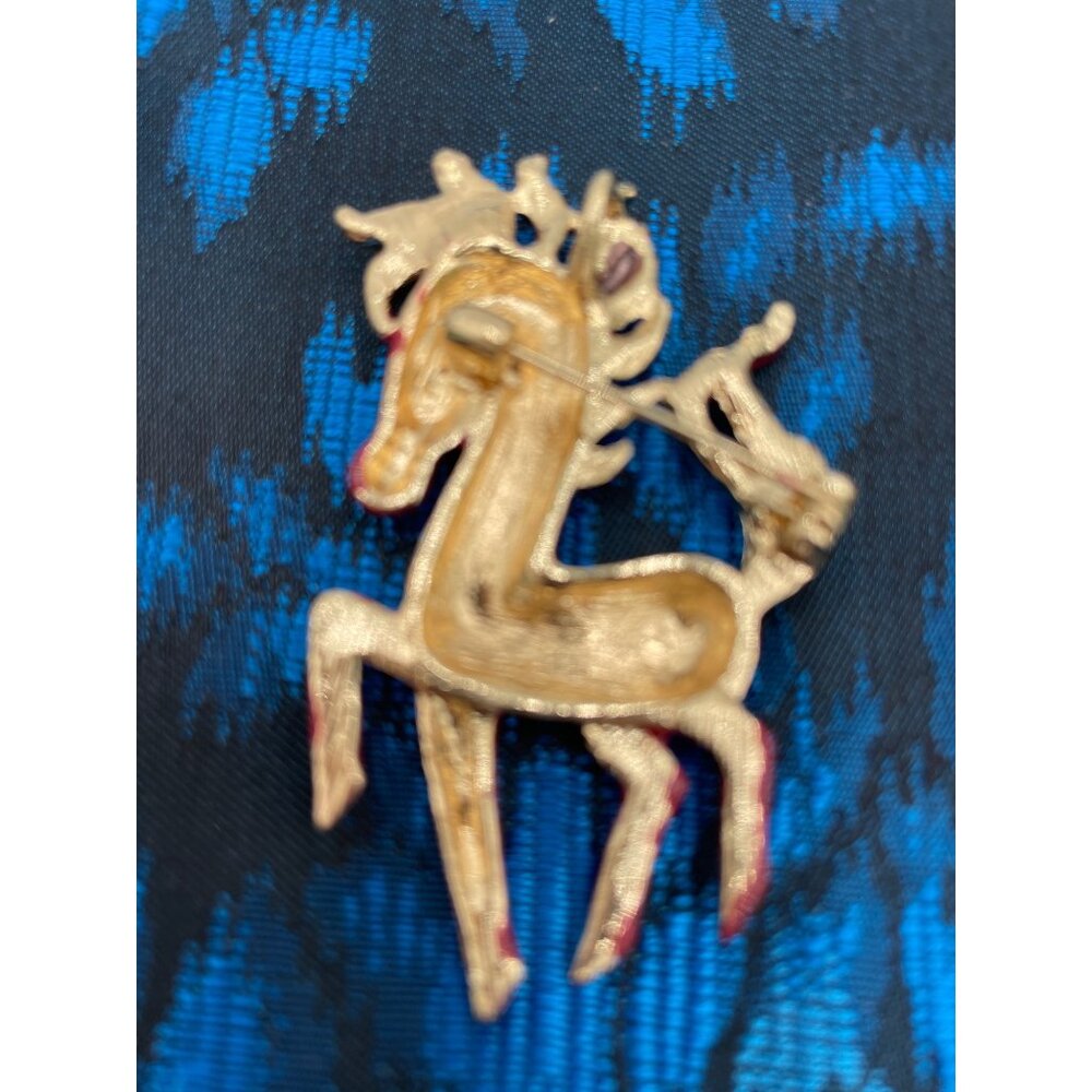 Equestrian Horse Brooch Pin Brown Enamel Gold Tone Green Rhinestone Eye - Picture 2 of 4
